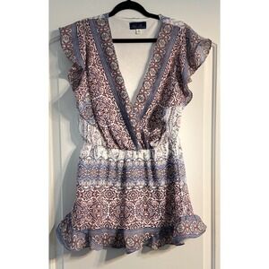 Blue Rain Romper Women Medium Blue Floral Excellent Flutter Sleeve